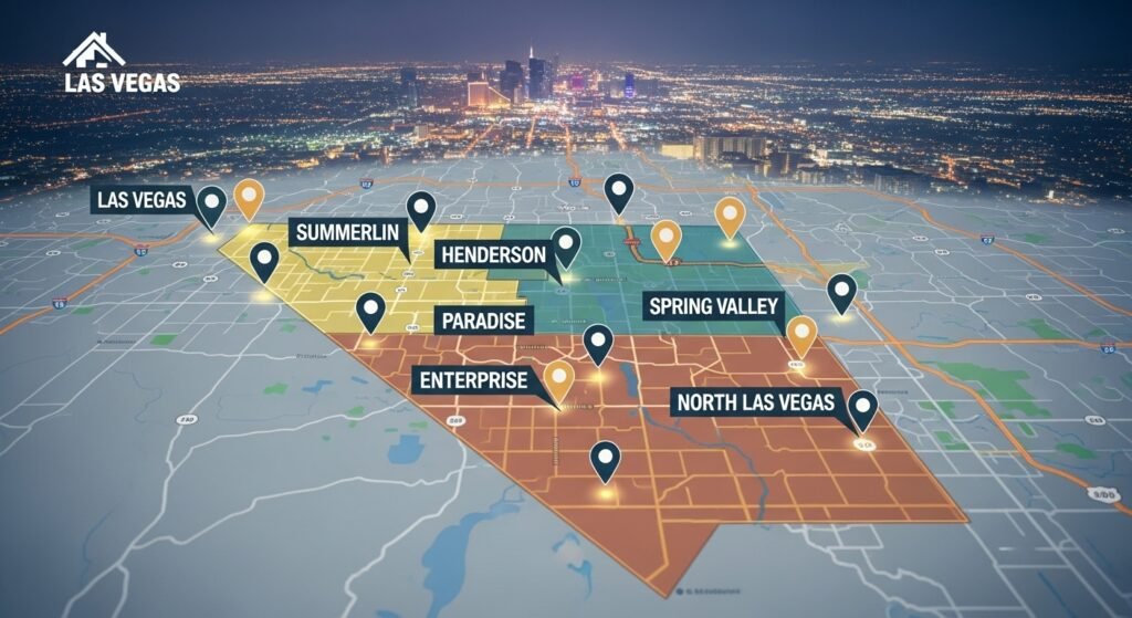 Map showing Kitchen Revega service areas around Las Vegas including Summerlin, Henderson, Paradise, Spring Valley, Enterprise, and North Las Vegas.