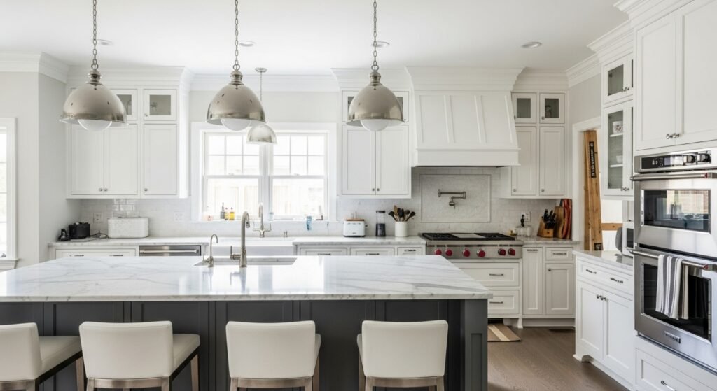 Full kitchen remodel in progress with contractor and client reviewing design plans in a modern, bright kitchen.