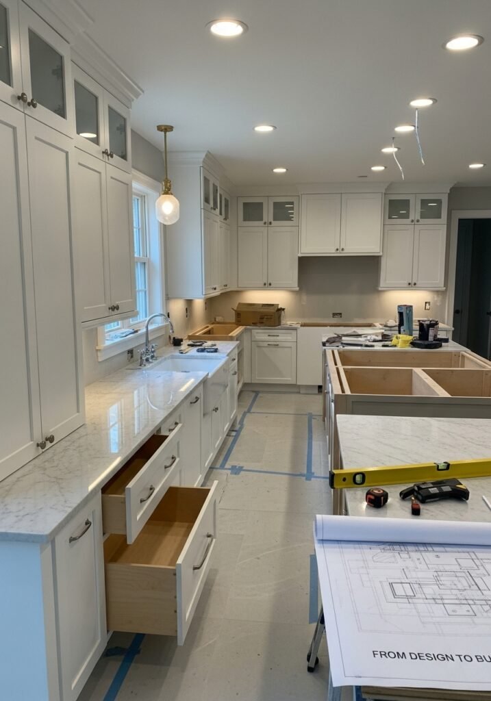 A realistic scene of a full kitchen remodeling project in progress — a contractor (Victor or Alex) working in a bright modern kitchen, reviewing design plans on a countertop beside renovation tools and blueprints. The space features partially installed white cabinets, marble countertops, and modern lighting fixtures. Show a sense of progress and craftsmanship — clean, professional, and elegant, representing the transformation “From Design to Build.”