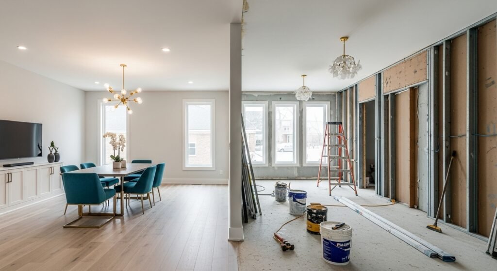 Home remodel and renovation showing transformation from old to new interior with modern design, fresh paint, and flooring installation in progress.