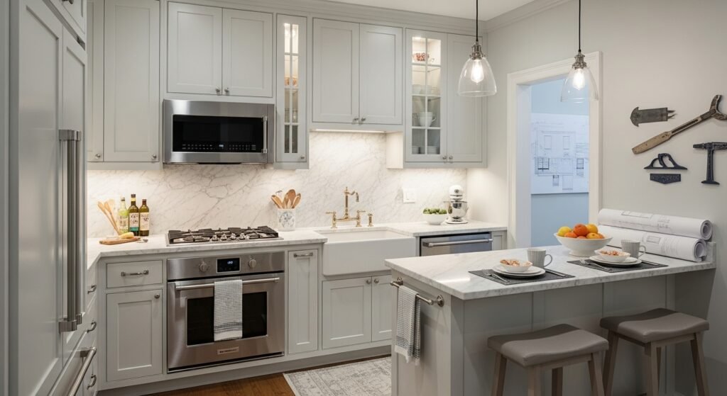Modern small kitchen remodeling with sleek cabinets, marble countertop, and compact layout design.