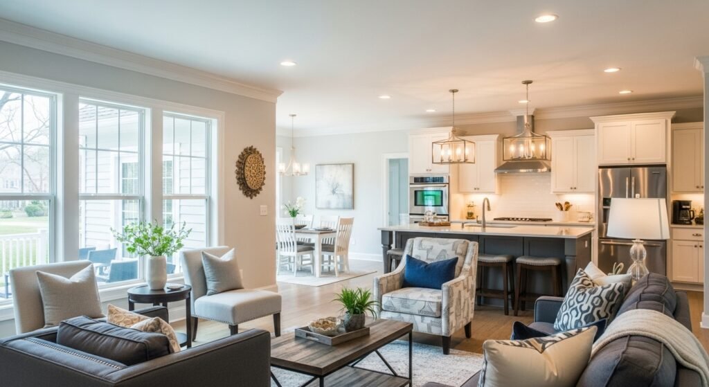 "Beautifully remodeled modern home interior showcasing a bright open-concept living space with updated kitchen, lighting, and elegant decor — symbolizing a complete home transformation."