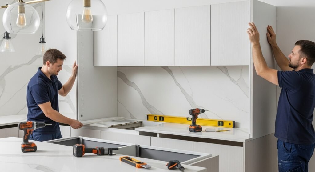 Cabinetry and countertop installation in a modern kitchen showing workers fitting quartz countertops and aligning sleek white cabinets.