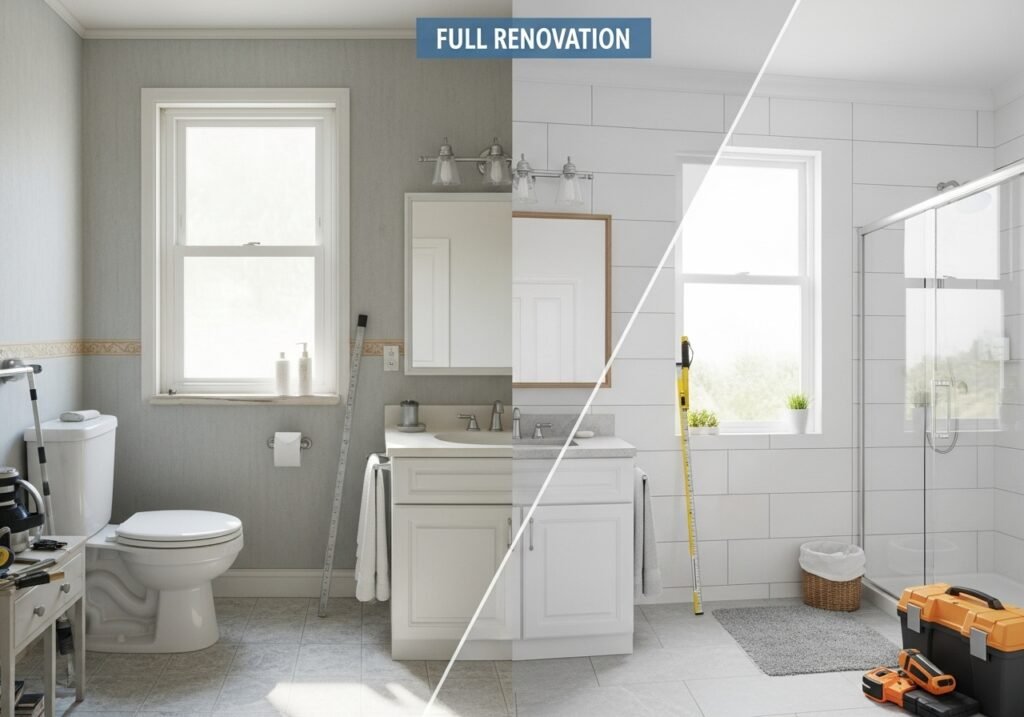 Before-and-after bathroom remodel showing full renovation transformation with modern vanity, new tiles, and professional finish — representing complete bathroom remodeling services in Las Vegas.