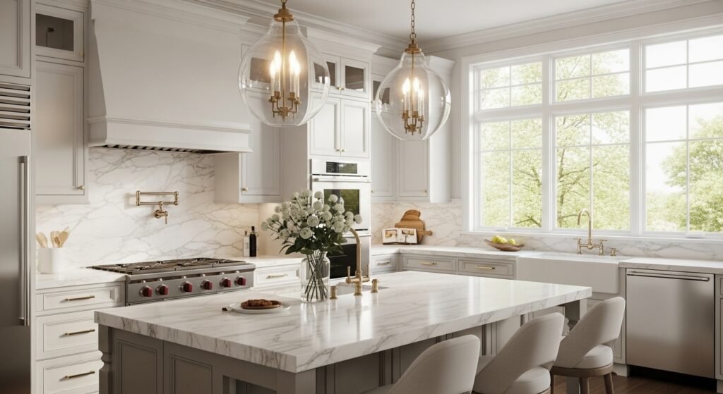 Modern luxury kitchen remodel in las vegas with marble countertops and elegant lighting