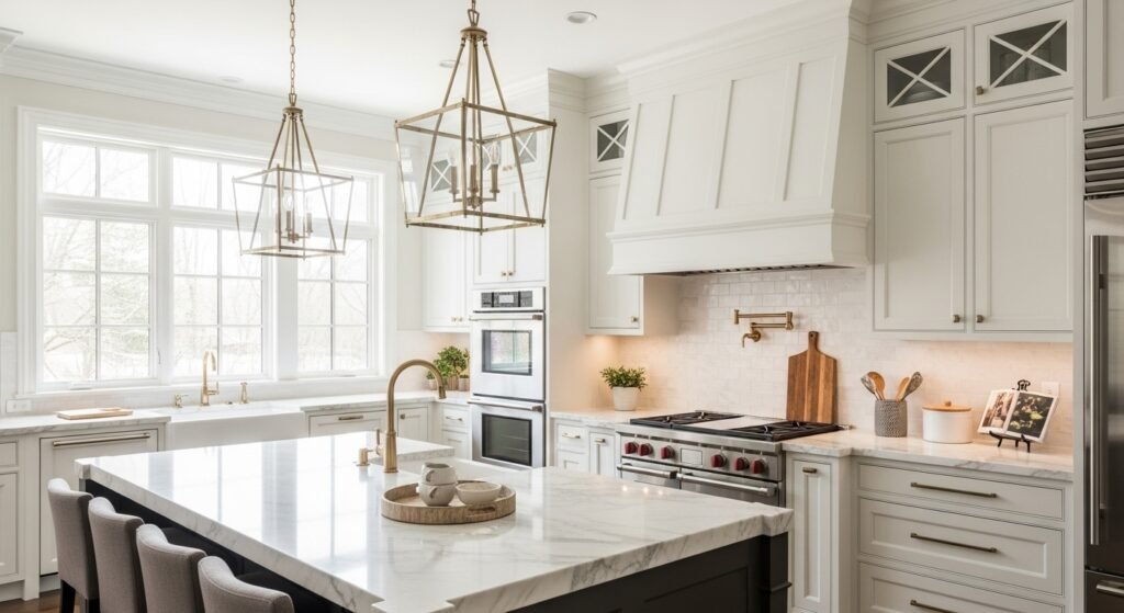 High-end kitchen interior design with custom cabinets and stainless steel appliances