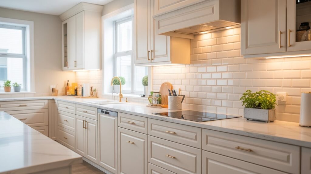 Modern custom kitchen design with clean cabinets, countertops, and backsplash in a bright home interior.