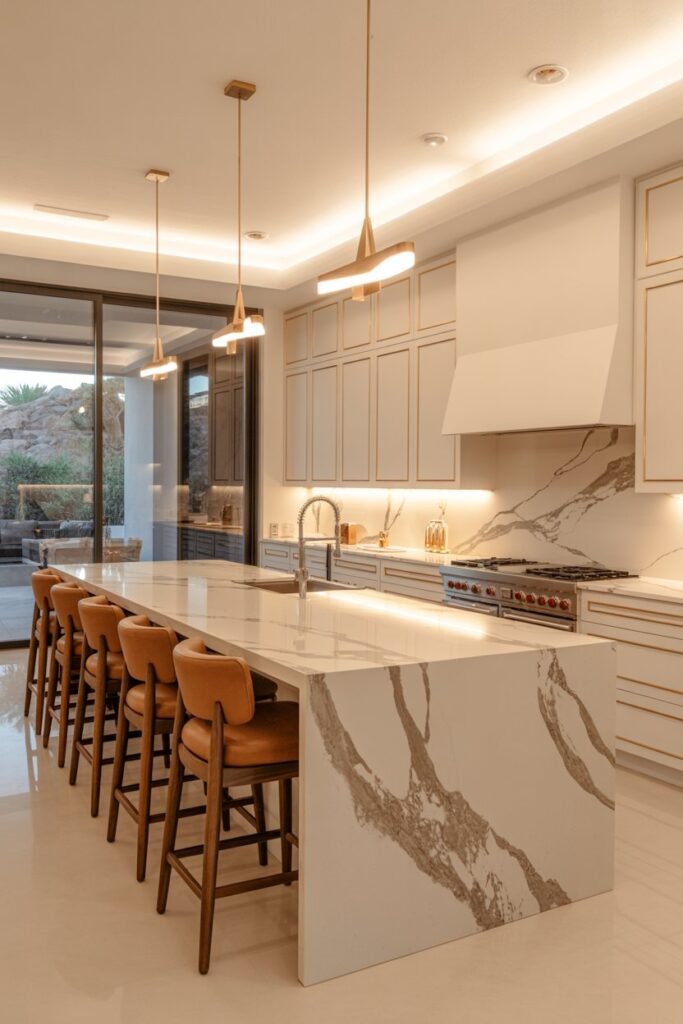 Inspiration and modern kitchen design ideas for Las Vegas homes featuring elegant lighting, marble countertops, and contemporary interior style.