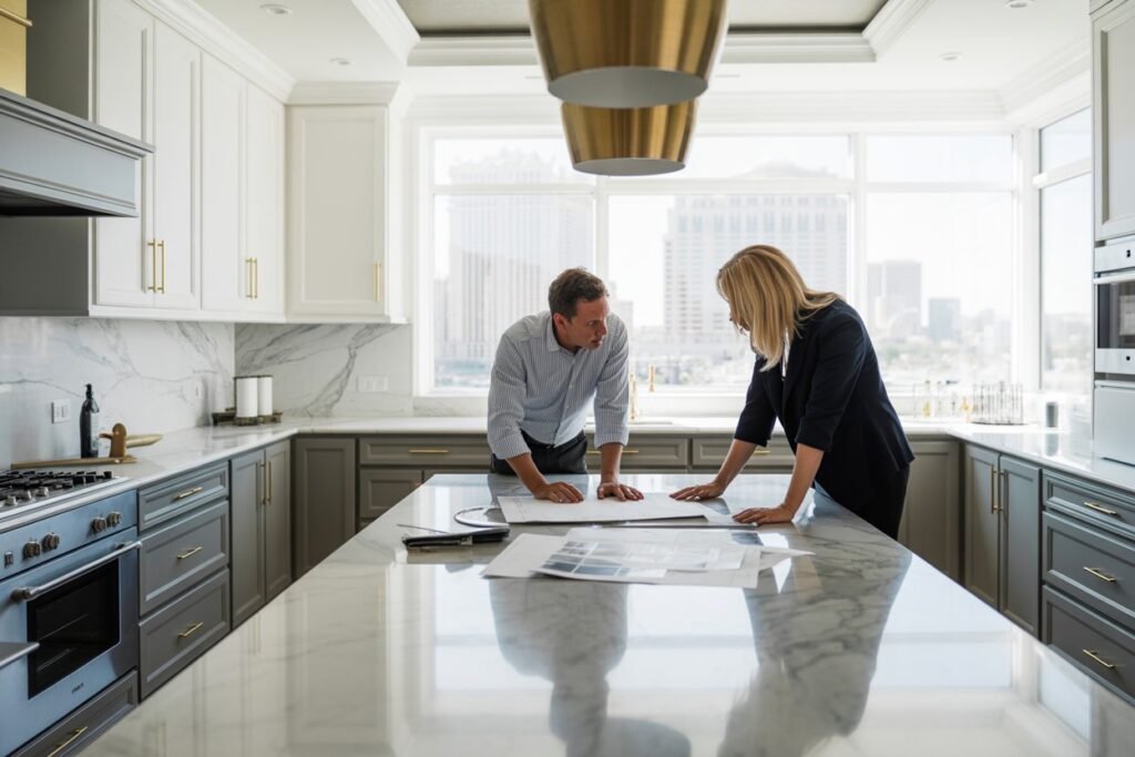 Modern custom kitchen design in Las Vegas with designer and homeowner discussing renovation plans.