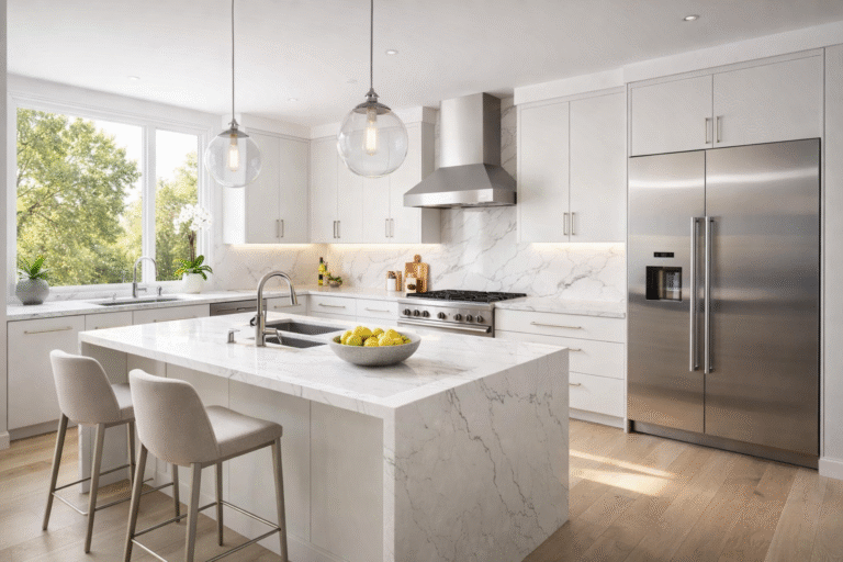 "Bright, modern kitchen with quartz countertops, custom cabinets, and stainless steel appliances in a spacious, open layout."