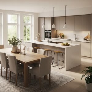 Kitchen and dining combo with open layout designed for family interaction and entertaining.
