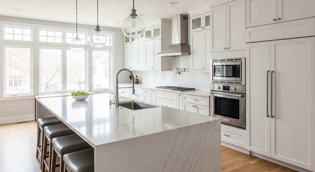 modern full kitchen remodel with white shaker cabinets and large quartz island