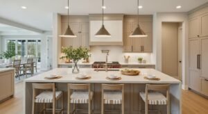 modern kitchen island design with seating and waterfall quartz countertop