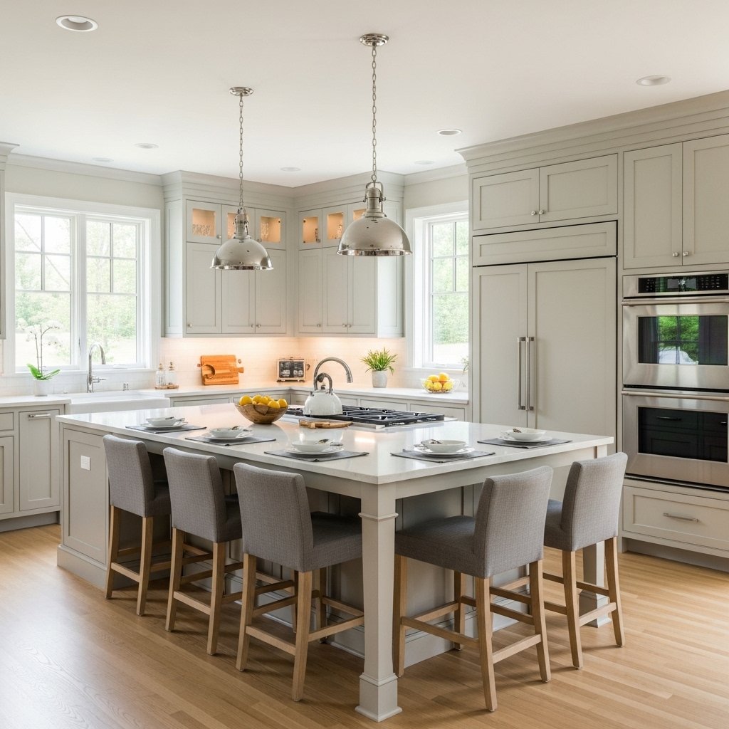 custom kitchen design with large quartz island and modern cabinetry