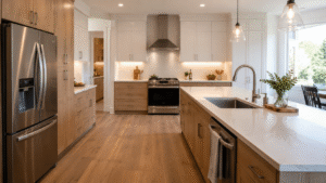 Modern kitchen with a clear work triangle, featuring a refrigerator, stove, island sink, open walkway, and bright natural lighting. 