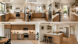 Kitchen layout comparison showing L-shaped, U-shaped, galley, one-wall, and peninsula kitchen designs in modern home interiors.