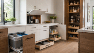 Modern kitchen with hidden smart storage, pull-out trash bins, appliance garage, under-sink organizers, toe-kick drawer, and built-in pantry cabinets. 