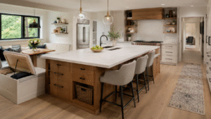 Modern kitchen island with smart storage drawers, breakfast bar seating, hidden banquette storage, quartz countertop, and warm wood cabinetry.