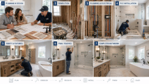Bathroom remodel process from planning to finished space. 