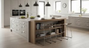 kitchen island with built-in storage drawers and seating