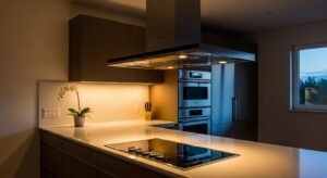 modern kitchen with under cabinet lighting and ducted range hood ventilation