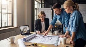 architect and homeowners planning home renovation using blueprints