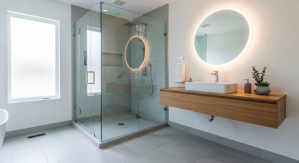 Modern bathroom remodel with glass shower enclosure and floating vanity