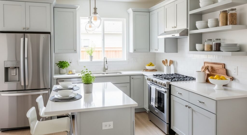 Bright and modern small kitchen with open layout and light cabinets.