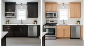 Comparison of light and dark cabinets, quartz countertop, and white backsplash in a small kitchen.”
