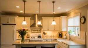 Small kitchen with under-cabinet, recessed, and pendant lighting creating a bright and open feel.”