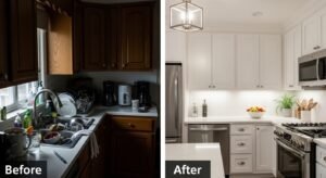 “Before and after photo of a small kitchen remodel showing transformation from dark and cluttered to bright and organized