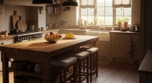 Kitchen island with bar stools and natural light creating a casual gathering space 