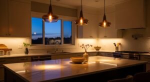 Kitchen with layered lighting including pendant lights over island and under-cabinet lighting at evening