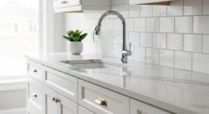 Modern kitchen with quartz countertop white shaker cabinets and tile backsplash