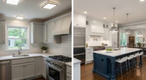 Comparison of small kitchen refresh versus full kitchen renovation with island