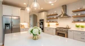 Staged kitchen ready for home sale with clear countertops warm lighting and stainless steel appliances