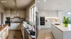 Before and after comparison of old kitchen renovation showing transformation from outdated to modern design