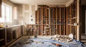 Exposed old kitchen wall revealing plumbing, electrical wiring, mold, and structural damage during renovation