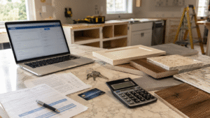 Kitchen remodel financing setup with a laptop, calculator, credit card, home keys, documents, and material samples on a kitchen island during a home renovation.