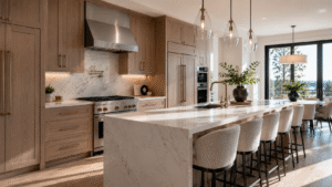 Premium quartz and stone countertops in a luxury kitchen.