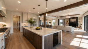 Open-concept luxury kitchen connected to a living space.