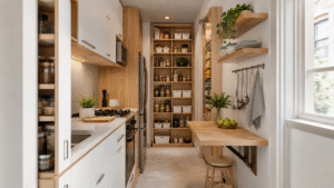 Small galley kitchen with smart storage solutions. 