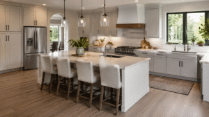 Modern kitchen with smart layout and island seating.
