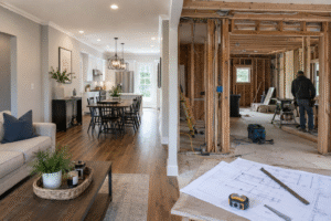 Alt text: Home renovation planning table with blueprints, material samples, tools, and energy-efficient upgrades in a modern open kitchen. 