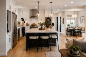 Modern open-plan kitchen with island seating, family gathering, breakfast nook, and warm natural light.
