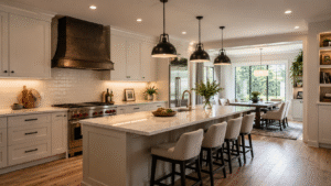 Modern kitchen with layered lighting, pendant lights, under-cabinet lighting, island seating, and a bright dining area.
