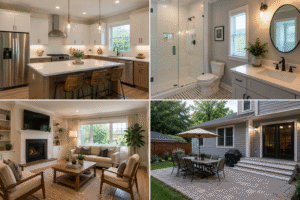 Alt text: Home renovation collage showing updated kitchen, bathroom, living room, and outdoor patio. 