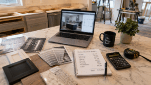 Kitchen renovation planning workspace with cabinet samples, countertop materials, calculator, budget notebook, and laptop design plan.
