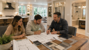 **Alt text:** Homeowners and contractor reviewing renovation plans in a modern home with blueprints, material samples, and upgraded kitchen and living spaces. 