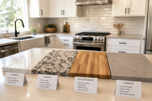 Alt text: Kitchen countertop samples showing quartz, granite, butcher block, and laminate in a modern kitchen. 